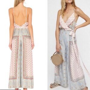 Free People Cabbage Rose Scarf Print Wide Leg Satin Jumpsuit Neutral Combo - 6